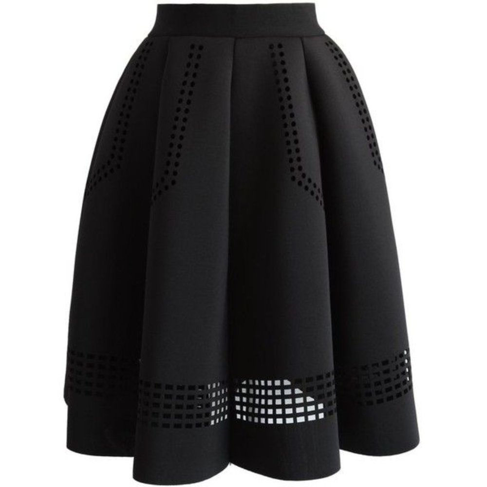 Chicwish Black Laser-Cut A-Line Midi Skirt